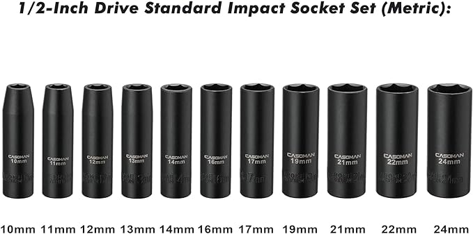 CASOMAN 11 Pieces 1/2-Inch Drive Deep Impact Socket Set, 6-Point, Metric, 10mm to 24mm
