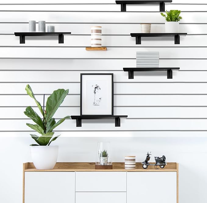 4 Pack Wooden Slatwall Shelf, 15.7 x 5.9 Inch Slatwall Shelves with Metal Brackets Heavy Duty Slat Wall Organizer Slatwall Shelving Accessories for Garage, Home (4, 15.7"D x 5.9"W x 0.6"H)
