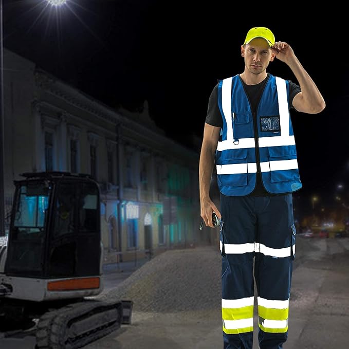 A-SAFETY Big and tall Blue high vis Reflective Work Ves 7 Pockets,4XL-5XL | Blue 4XL-5XL Polyester work vest with reinforced pockets, black front zipper and clear ID holder for equipment maintenance.