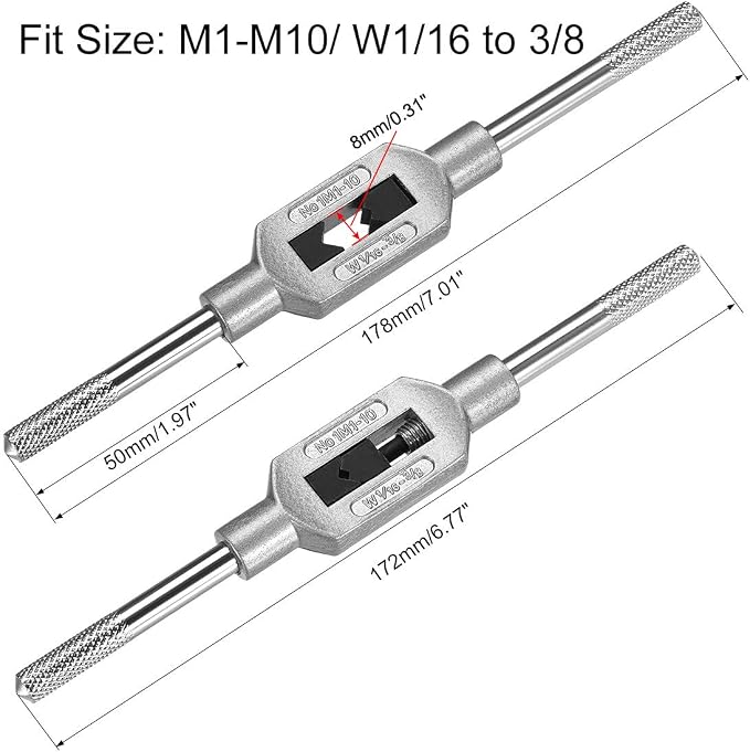 uxcell Adjustable Tap Wrench Handle, for Metric M1-M10 W1/16-3/8 Taps, Thread Tap Holder Reamer Hand Tapping Tool for Machinist Repair, Medium Carbon Steel Handle with Nickel Plated