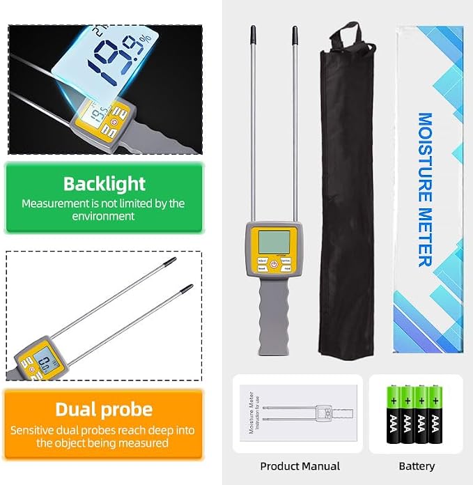 Hay Moisture Tester, Portable Hay Moisture Meter with Probe & Backlight LCD Display for Hay, Froage Grass, Leymus Chinensis, Alfalfa and Other Hays Moisture Testing