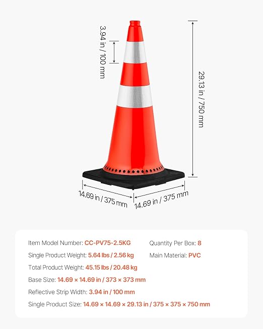 VEVOR Safety Cones, 8 Pack 30" Traffic Cones, PVC Orange Construction Cones with Reflective Collars and Black Weighted Base, for Traffic Control, Driveway Road Parking and School Improvement