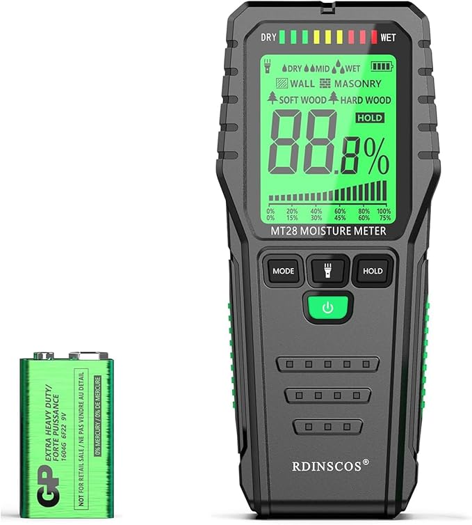 Pinless Moisture Meter for Wood Concrete Digital Wall Moisture Detector | Non Destructive,Moisture Tester, Audible Alarm & HOLD Function, Ideal for Firewood, Lumber, Home Inspections
