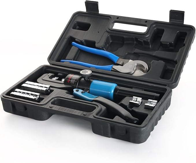 10 US Ton Hydraulic Crimper Tool Kit with Cable Cutter, 9 US Standard Chromed Hexagonal Dies 12, 10, 8, 6, 4, 2, 1/0, 2/0 AWG for Electrical Terminal Cable Lugs and 1/8” for Wire Rope Crimping