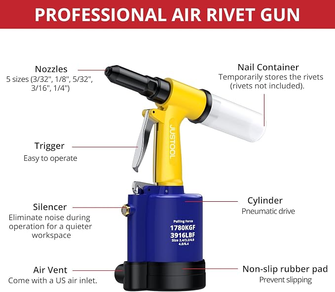 JUSTOOL Heavy Duty Pneumatic Rivet Gun 3916 LBF Air Rivet Gun-3/32", 1/8", 5/32", 3/16", 1/4" Air Riveter with NPT 1/4 inch Air Hydraulic Riveter for Automotive Construction Maintenance Industries DIY