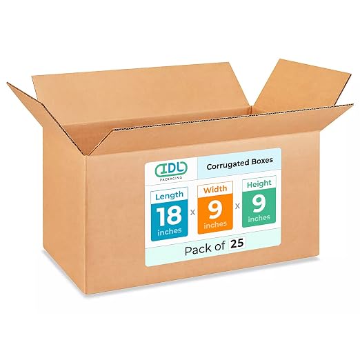 Long Moving & Shipping Boxes 18"L x 9"W x 9"H (25-Pack) - Extra Strength 200 lb vs Regular - USA-Made Corrugated Packing Boxes for Moving - Durable Box for Shipping - Cardboard Box by IDL Packaging