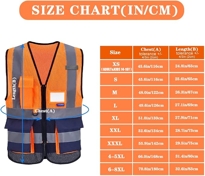 A-SAFETY Hi-Vis Mesh Vest, Clear ID Holder, Front Zipper, Orange/Navy, 2XL | Orange/Navy 2XL mesh vest with reflective strips and 7 pockets for site supervision and utility work; 21 color options.