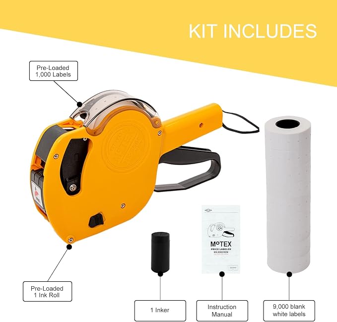 Motex Genuine MX-5500NEW 1 Line 8 Digits Price Tag Gun Kit - Includes 10,000 White Blank Labels and 1 Pre-Loaded Inker with 1 Ink Refill - for Grocery Store, Retail Shop, Garage Sale (Yellow)