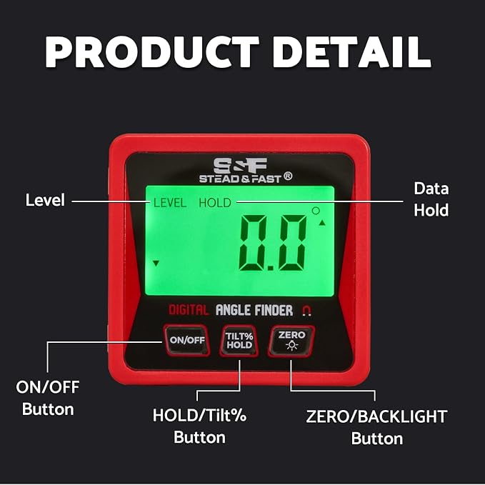 S&F STEAD & FAST Digital Angle Finder Magnetic, Digital Angle Gauge with Backlit LCD, Auto-Rotating Display, Degree Finder for Woodworking, Carpentry & Construction