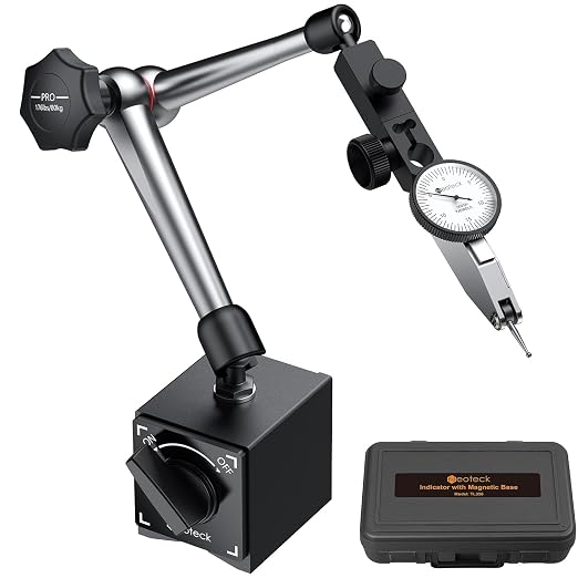 Neoteck 0-0.03"/0.0005" Test Indicator with 176lbs Pull Magnetic Base Stand | 80kg Max Pull，3/8 inch (9.52mm) Clamping Hole，Silver，Widely Used in Narrow Area Measurement，Ideal for CNC Operators