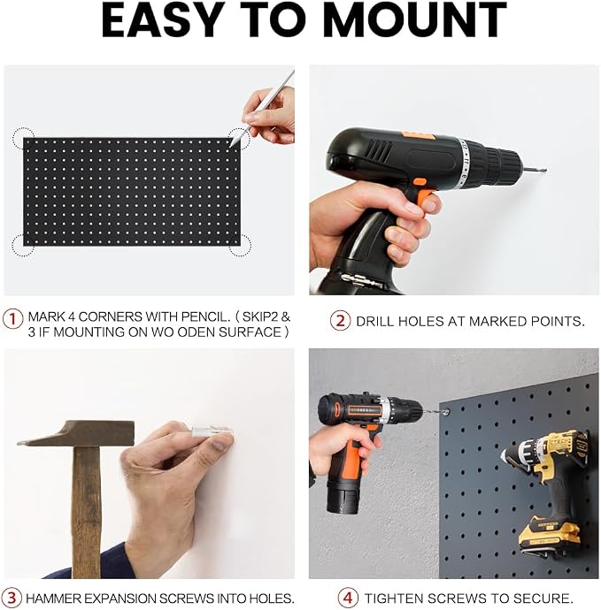 Peg Board, Metal Pegboard Wall Organizer System, 12x24 in Heavy-Duty Steel Peg Board with 38 Hooks, Modular Expandable Pegboard for Garage, Workshop & Home Organization (Black, 4 Pack)