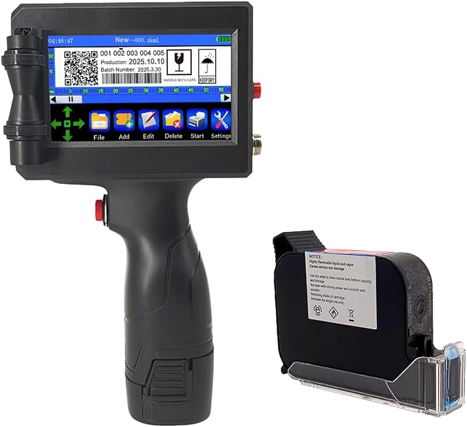 KAKAONE Handheld Inkjet Printer, 0.5" Nozzle Portable Coding Machine for QR Code Barcode Date Logo Batch Number on Metal Plastic Wood Glass Fabric Paper