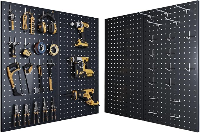 Peg Board, Metal Pegboard Wall Organizer System, 12x24 in Heavy-Duty Steel Peg Board with 38 Hooks, Modular Expandable Pegboard for Garage, Workshop & Home Organization (Black, 4 Pack)