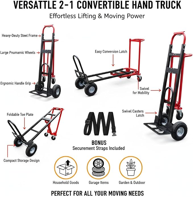 Red Convertible Hand Truck Dolly Cart with 4 Wheels Heavy Duty,1000 Lbs Capacity, 2 Straps for Moving Furniture/Appliance/Carton/Warehouse/Office/Easy to Follow Video to Install