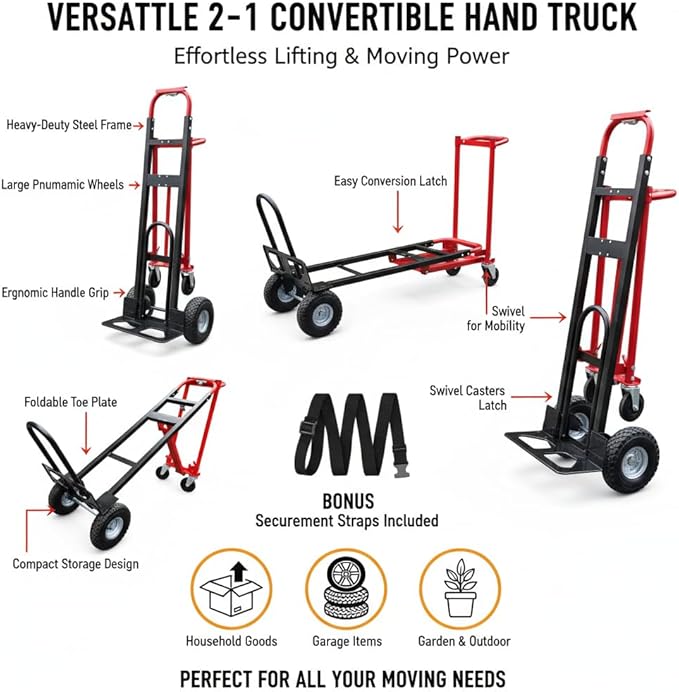 Suzhi Convertible Hand Truck Dolly Cart Heavy Duty/with 4 Wheels,Industrial Grade,1000 Lbs Load, 2 Straps for Moving Furniture/Appliance/Carton/Warehouse/Office / 10 Minutes' Install as Video