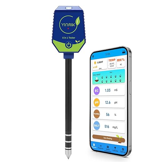 YINMIK 8 in 1 Soil Test Kits, Moisture pH Meter for Soil, Plant pH Conductivity Tester, pH Moisture EC Salt Humidity Light Fertility Temp Reader for Garden, Grass, Lawn, Greenhouse, Farming, Yard