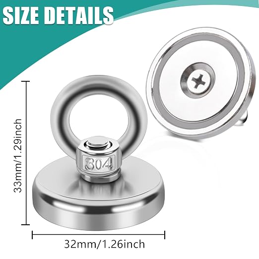 5 Pcs Lift Fishing Magnets, Large Rare Earth Neodymium Salvage Magnets for Removing with Durable Rope, Carabiner, Gloves, Grappling Hook & Carry Case, D1.26''(32 mm)