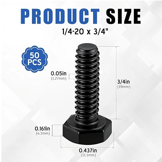 Zonon 50 Pcs 1/4-20 x 3/4" Hex Head Screw Bolt 18-8 (304) Stainless Steel Hexagon Bolts, Fully Threaded, Plain Finish, External Hex Drive (Black)