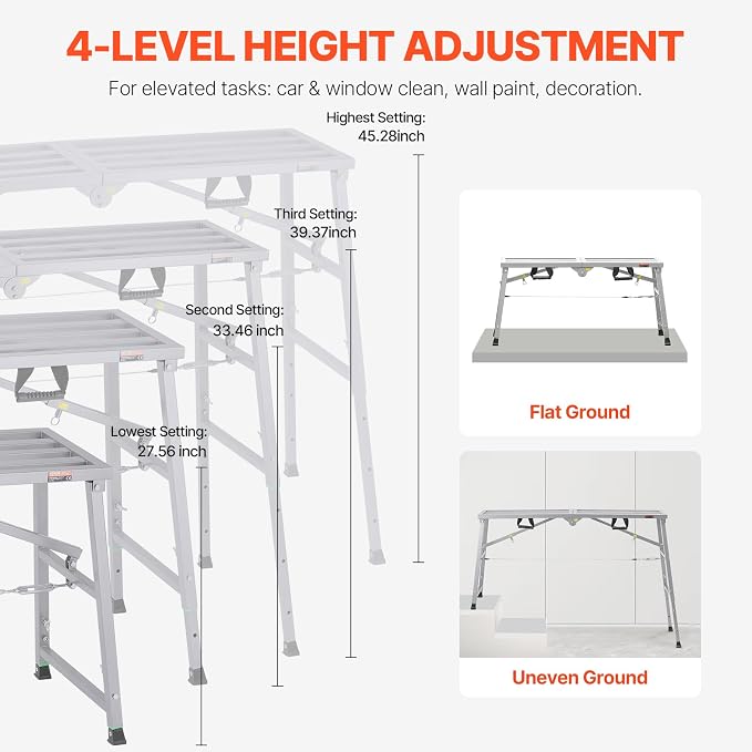 VEVOR Work Platform, 55"x 15" Portable Scaffolding Platform, Folding Steel Step Ladder Adjustable Height 27.5”-45.3”, 800 lbs Load Capacity, Non-Slip Drywall Painting Stool for Cleaning &Washing
