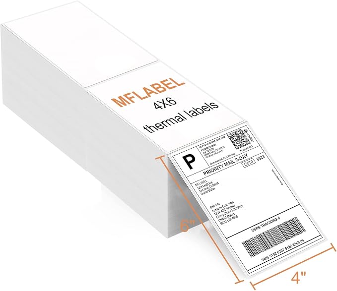 MFLABEL 4x6 Direct Thermal Labels (12000 Labels) 4" x 6" Perforated Shipping Labels Compatible with Zebra Printers Fanfold Thermal Label Stickers for Shipping Packages - 6 Stacks White Labels