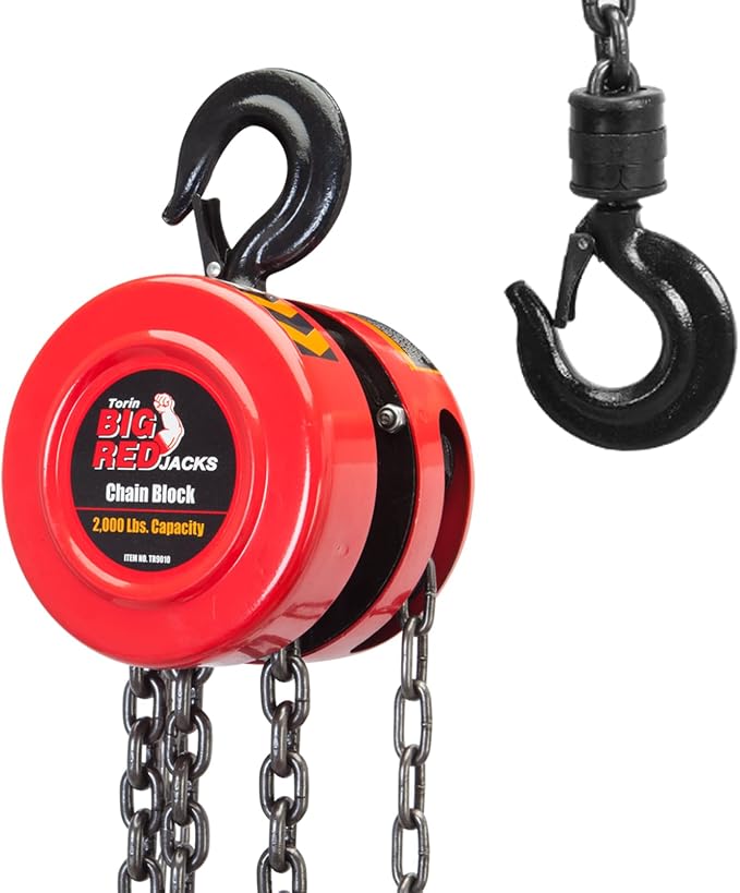 BIG RED Hand Chain Hoist 1 Ton 2000 Lbs Capacity 8ft/2.5m Torin Manual Chain Fall with 2 Heavy Duty Hooks, for Warehouse Automotive Machinery, Red, TR9010