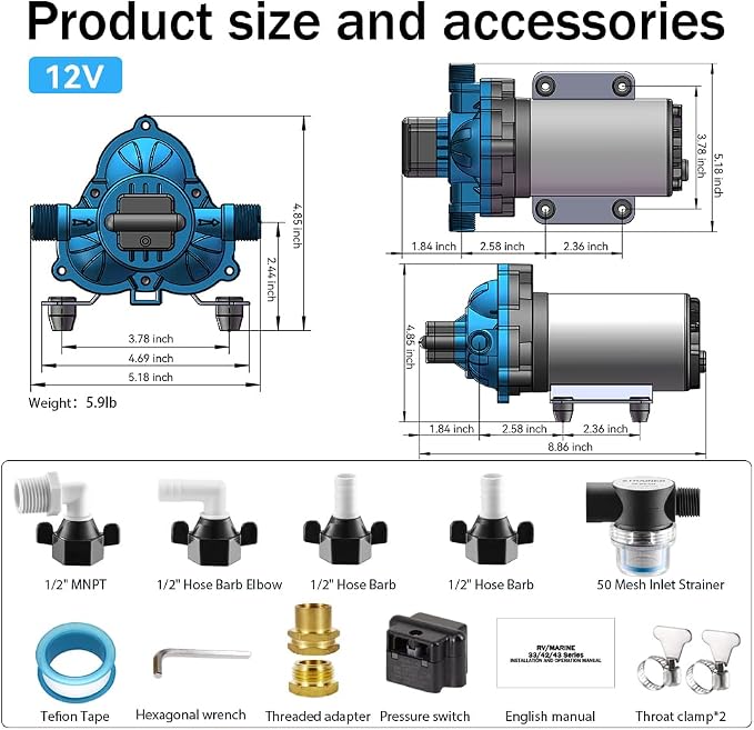 12V DC Electric High Voltage Diaphragm Pump, Equipped with pressure switch，4.0GPM, 45PSI, In line Water Transfer Pump, Camping Water System, Garden Hose and Pump Demand Water Pressure Boosting Pump