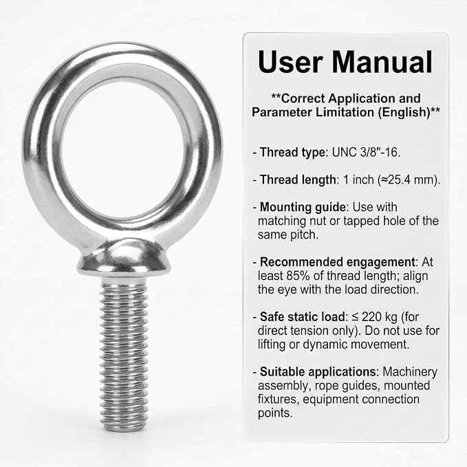QWORK 3/8"-16 x 1 Machinery Eye Bolts – 20 Pack 316 Stainless Steel Threaded Rings for Mounting, Securing & Rigging