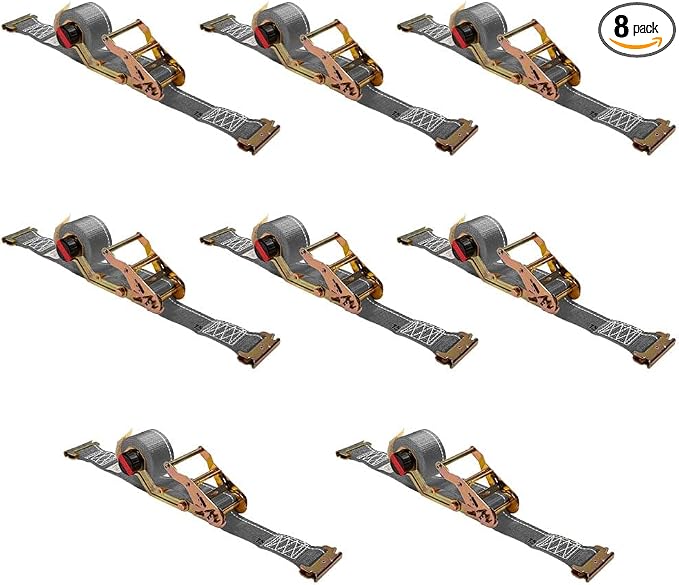 Mytee Products 8 Pk 2'' x 16' Rocker Winder Auto Retractable Ratchet Straps for E-Track - Retractable Tie Down Straps with 4,500 lbs BS - Self Ratcheting Strap for Boat, Jet Ski, ATVs - Gray