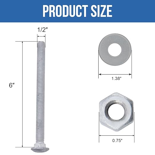 1/2" x 6" Carriage Bolts (25 PCS), Hot Dip Galvanized, Heavy Duty Round Head with Washers and Nuts