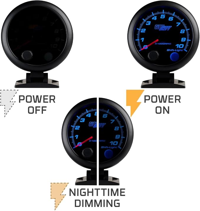GlowShift Tinted 7 Color 10,000 RPM On-Dash Tachometer Gauge - for 1-10 Cylinder Gas Powered Engines - Includes Shift Light & Wiring - Multi-Color Display - Black Dial - Smoked Lens - 3-3/4" 95mm