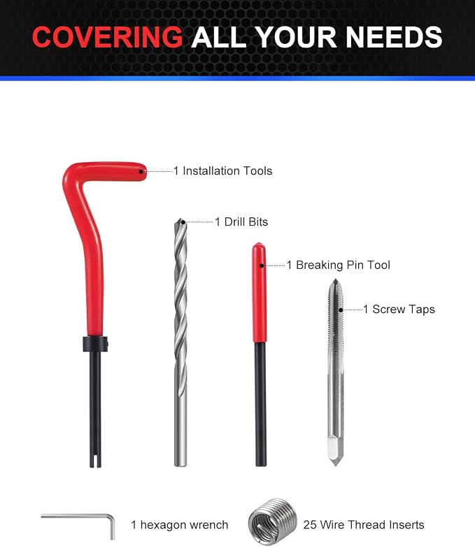 Kolvoii M5×0.8 Helicoil Thread Repair Kit, Metric M5 Helicoil kit with HSS Drill Bit, Tap & Stainless Steel Inserts for Small Engine & Bicycle Repair