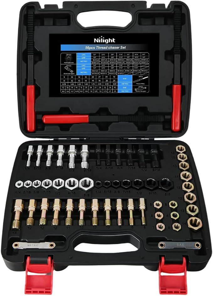 Nilight 56PCS Thread Chaser Set SAE Metric Master Thread Repair Kit with Case 23 Taps 28 Dies 3 Files 2 Gauge Universal UNC UNF Sizes Automotive Tool for Mechanics Auto Shop Home Garage Repair