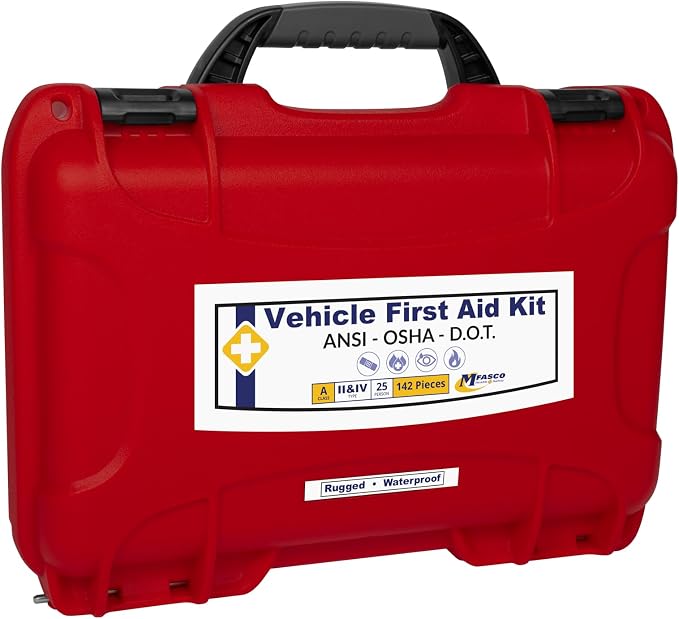 MFASCO Deluxe Class A First Aid Kit 909 Red | DOT, ANSI & OSHA Approved, Packed in a Rugged, Waterproof, Indestructible Case, Compartmental Bag, Durable, Red Plastic Kit, OSHA Type II & IV Container