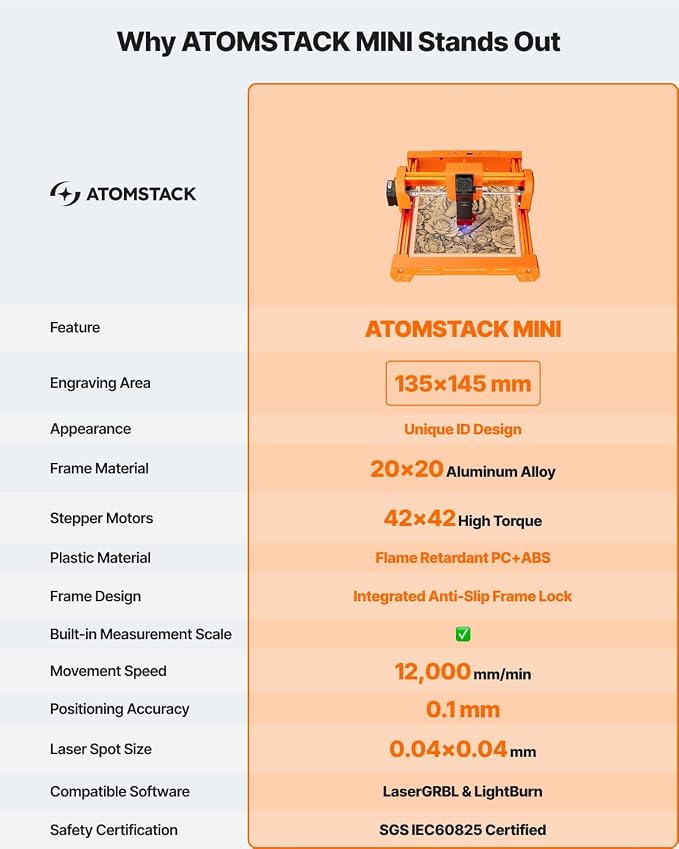 ATOMSTACK Swift 2.5W Laser Engraver Mini, Laser Engraving Machine for Wood Leather Acrylic, Desktop Laser Cutter, Fully Assembled, WiFi & USB, AI Software, 135×145mm Work Area, Orange, 2500mW | Your Easiest Entry Into Laser Creativity The Smart Laser T...