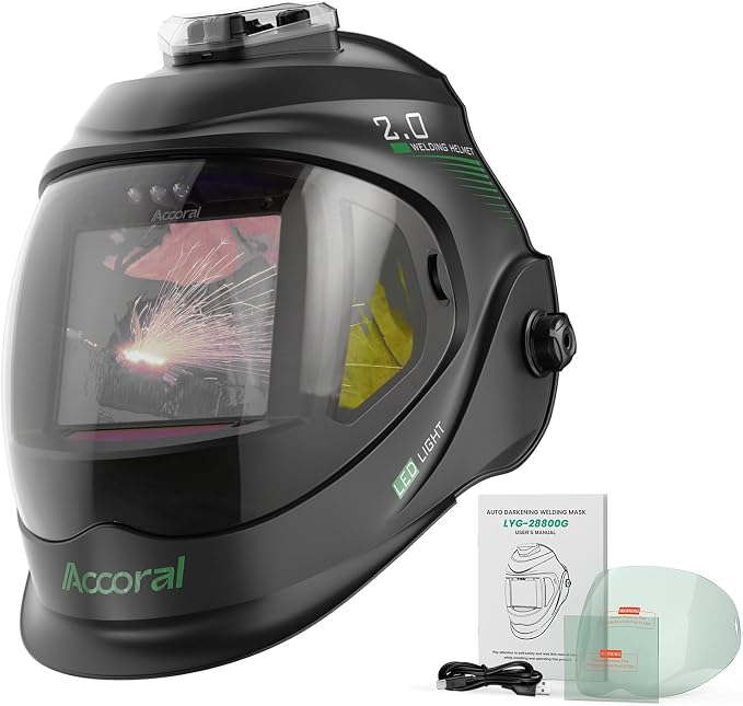 Panoramic View Auto Darkening Welding Helmet with Light，1/1/1/1 True Color Solar Powered Welding Hood Mask，4 Arc Sensor Wide Shade 4/5-9/-9-13 for TIG MIG ARC Cut,Grinding
