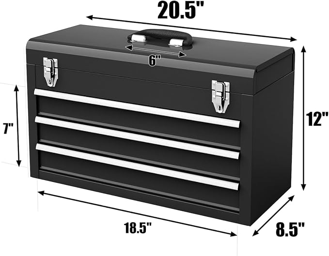 ERGOMASTER Portable Tool Box, Metal Tool Box with 3 Drawers, Lockable Heavy Duty Tool Chest Storage Toolbox for Garage, Workshop (Black)