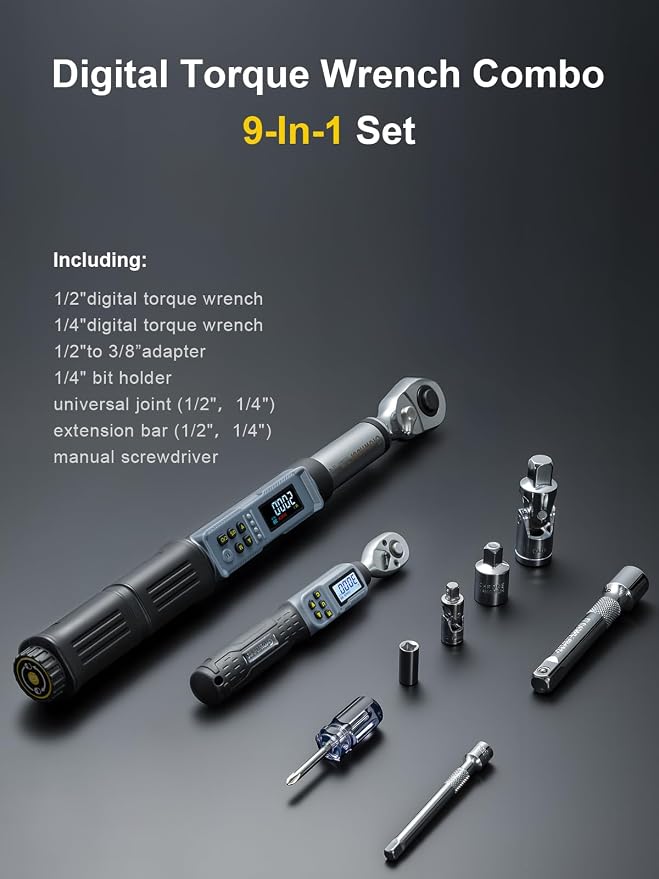 GROWNEER Digital Torque Wrench Set, 1/4" Drive 1.1-22.1 Ft-lbs/1.5-30Nm & 1/2'' Drive 7.38-147.5 Ft-lbs/10-200Nm Electronic Torque Wrench Combo with Buzzer & LED Indicator for Motor Car Repair