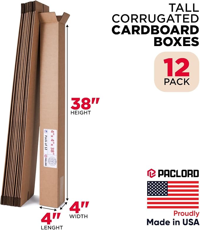 Tall Cardboard Boxes 4"L x 4"W x 38"H (Pack of 12) - USA-Made Packing Boxes for Moving, Shipping, or Storage - USPS, UPS, FedEx Approved - Professional Packing Supplies for Moving | USA-Made Packing Boxes for Moving, Shipping, or Storage - USPS, UPS, F...