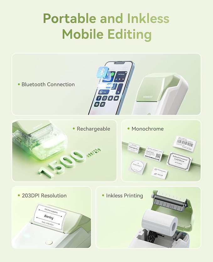 NIIMBOT B1 Label Maker Machine, Thermal Label Printer Easy to Use for Office, Home, Business, Came with 1 Roll White Label(Green)