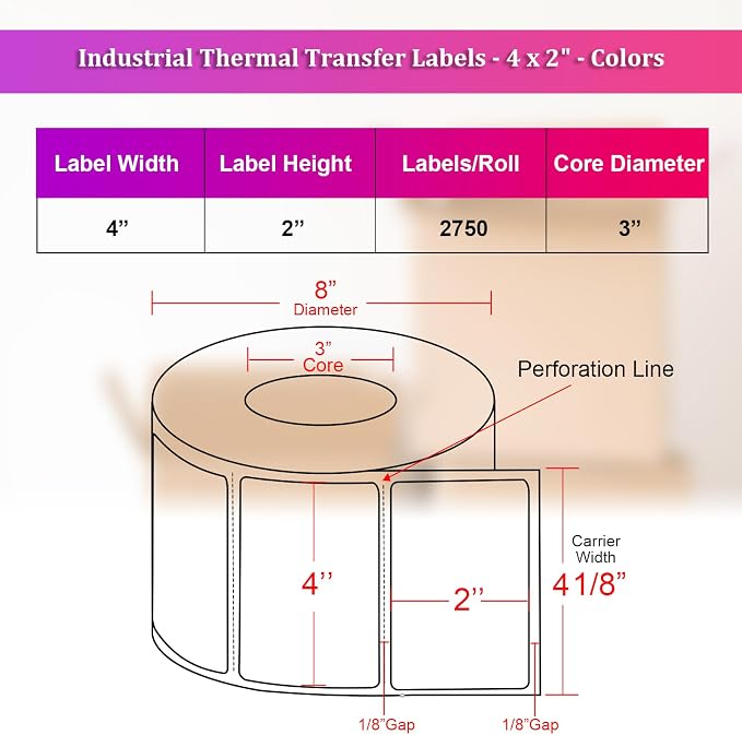 Industrial Thermal Transfer Labels, Blue, 4 x 2 Inches, 3 Inch Core, 2,750 Labels/Roll, Perforated, Ribbon Required, for Thermal Transfer Printers