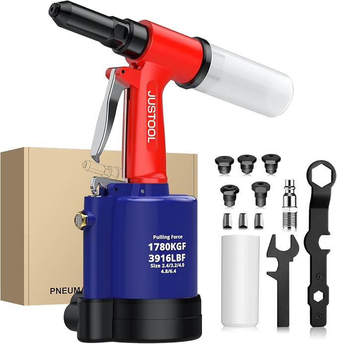 JUSTOOL 3916 LBF Heavy Duty Air Rivet Gun Pneumatic Rivet Gun, 5 Nosepieces 3/32", 1/8", 5/32", 3/16", 1/4", 16mm Maximum Stroke, NPT 1/4 inch Air Pop Riveter for Automotive, Construction, Industries