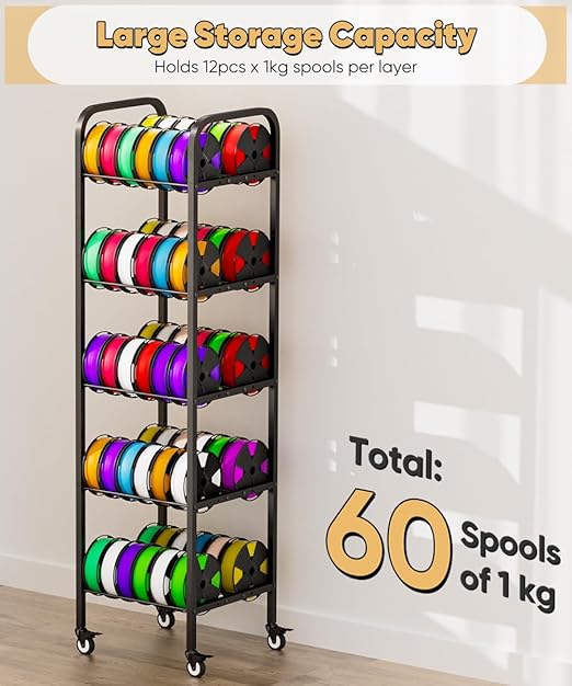 5-Tier 3D Printer Filament Storage Rack with Wheels, Rolling Spool Holder Stand Cart, Holds up to 60×1kg Spools, Heavy Duty Metal Filaments Organizer Shelf for Printing Studio Office Workshop