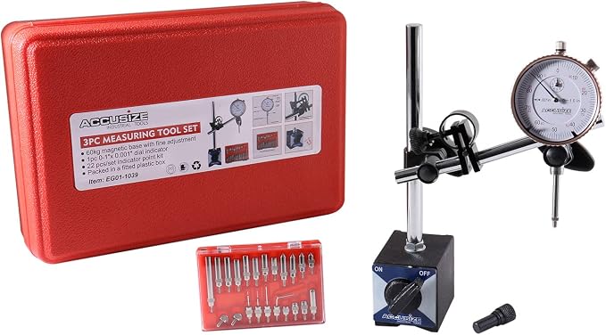 Accusize Industrial Tools 3 Pc Set, 110 Lb Capacity Magnetic Base, 0-1'' by 0.001'' Dial Indicator and 22 Ps Indicator Point Kit, Eg01-1039