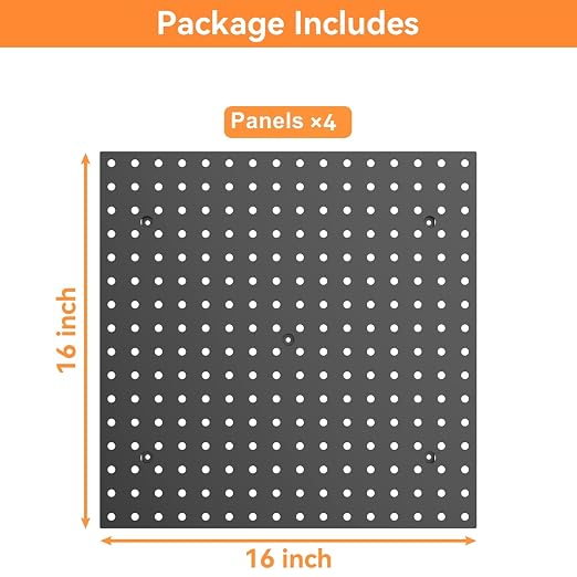TORACK 4 PCS 16 x16 in Pegboard Panels for Wall Garage Tools Organizer Pegboard for Workbench, Modular Peg Board Tool Board(Pack of 4, Black)
