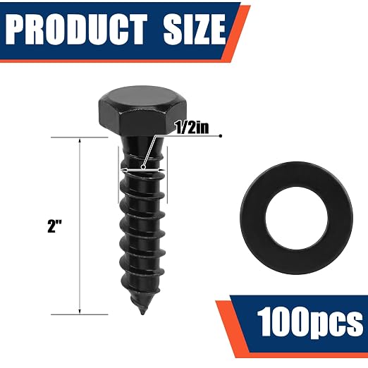 Tandefio 100 Pack 1/2''x 2'' Hex Head Lag Bolts for Wood Ceramic Black Lag Screw Kit with Washers Heavy Duty Hot Dip Galvanized Coating Double Layer for Decks Fences