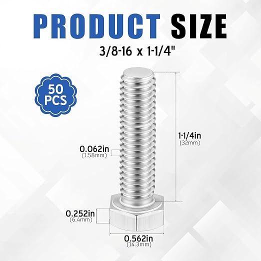 Zonon 50 Pcs 3/8-16 x 1-1/4" Hex Head Screw Bolt 18-8 (304) Stainless Steel Hexagon Bolts, Fully Threaded, Plain Finish, External Hex Drive (Silver)