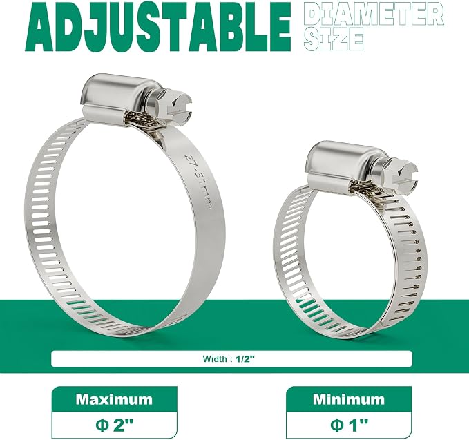 OURU 10PCS Hose Clamps Stainless Steel Adjustable 1"–2"(27-51mm) Worm Gear Hose Clamp, Heavy Duty Metal Small Hose Clamps for Automotive, Pipe, Radiator Plumbing, Fuel Line