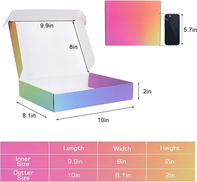 10x8x2 Shipping Boxes Medium, 40 Pack Rainbow Corrugated Cardboard Mailer Boxes for Small Business, Mailing, Packaging