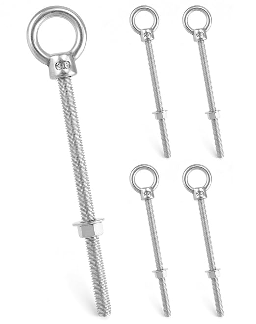 QWORK 316 Stainless Steel Machinery Eye Bolt with Shoulder, 5 Pack 3/8" x 6" Long Stainless Steel Marine Grade Shoulder Eye Bolt, Threaded Eyebolts, WD30279