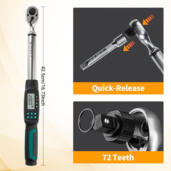 1/2" Digital Torque Wrench 4.4-147.5 ft-lb/6-200 Nm, ±2% Accuracy, LED & Buzzer Alerts, 4 Units, Industrial CR-V Steel, Calibration Report & Protective Case for Car, Motorcycle, Bike Repair